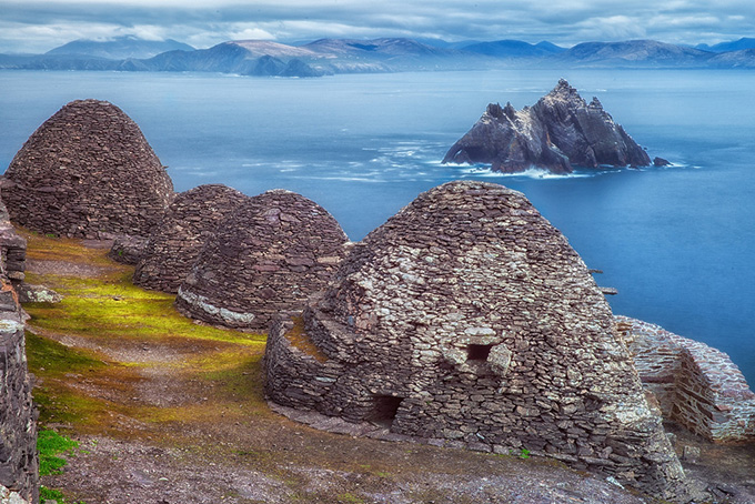 The famous Bee Hive Huts at Skellig Michael, Ireland