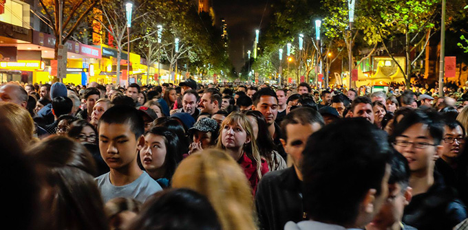 The crush of people 'experiencing' Melbourne's White Night.
