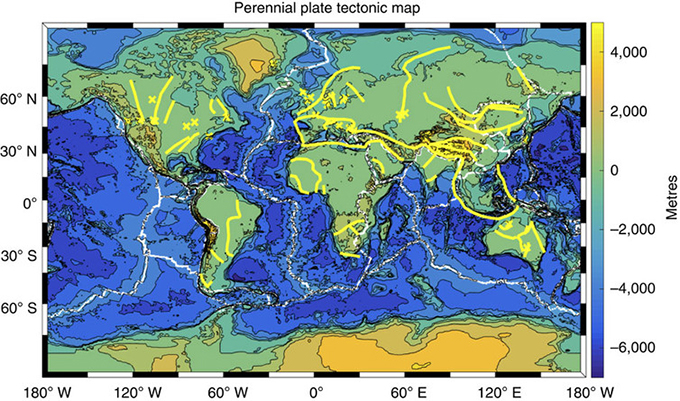 Present day plate boundaries (white) with hidden ancient plate boundaries that may reactivate to control plate tectonics (yellow). Regions where anomalous scarring beneath the crust are marked by yellow crosses. Philip Heron