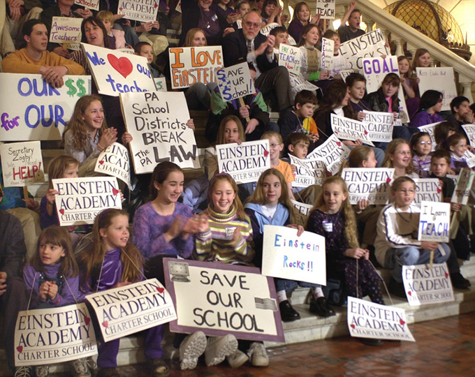 Pupils from the Einstein Academy Charter School rally in the State Capitol rotunda in Harrisburg, Pennsylvania to protest state policies. AP Photos/ Paul Vathis 