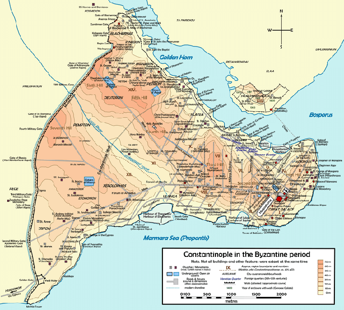 A topographical map of Constantinople during the Byzantine period.